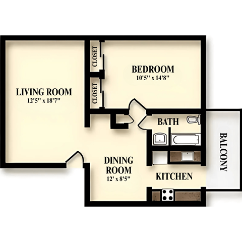 Floor plan for 1 bed, 1 bath, 649 sqft